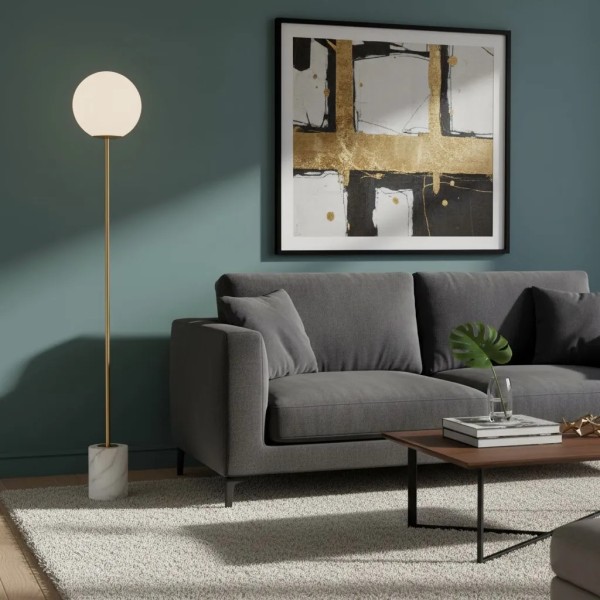 Lámpara de suelo esfera blanca con base efecto mármol 156x25 cm | Tapidecor