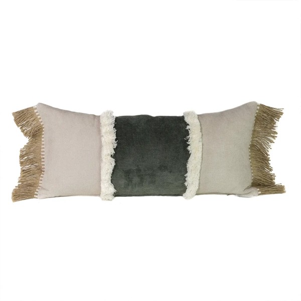 Cojín gris banda verde oscuro doble fleco 60X30 Relleno Premium inluido