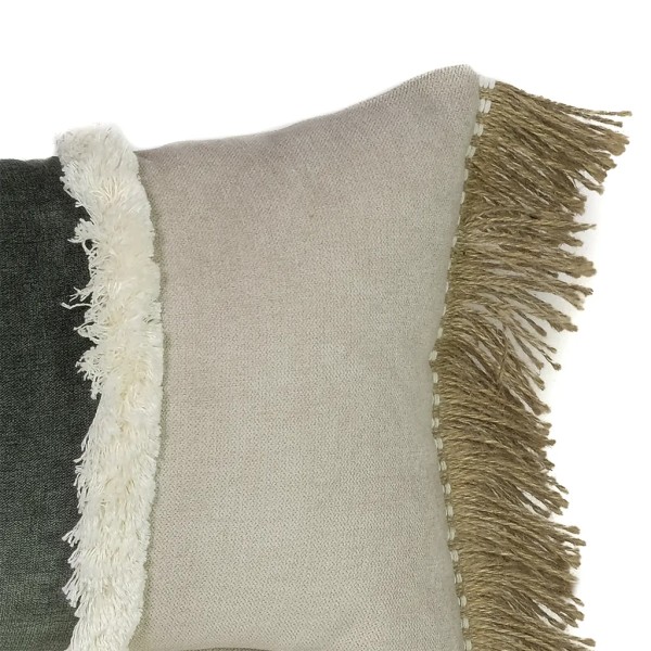 Cojín gris banda verde oscuro doble fleco 60X30 Relleno Premium inluido