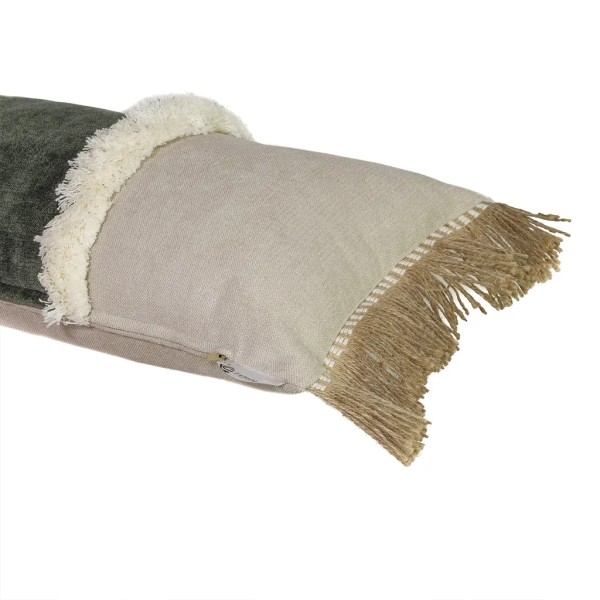 Cojín gris banda verde oscuro doble fleco 60X30 Relleno Premium inluido