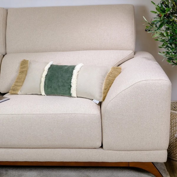 Cojín gris banda verde oscuro doble fleco 60X30 Relleno Premium inluido