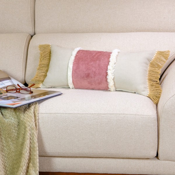 Cojín banda centro rosa doble fleco relleno premium 60x30 | Tapidecor