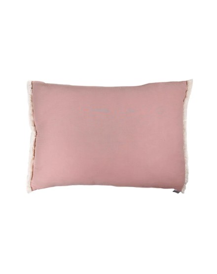 Cojín rectangular sofa cama liso bámbula rosa relleno pluma fleco blanco 70x50