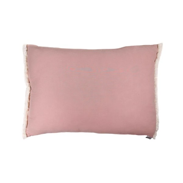 Cojín rectangular sofa cama liso bámbula rosa relleno pluma fleco blanco 70x50