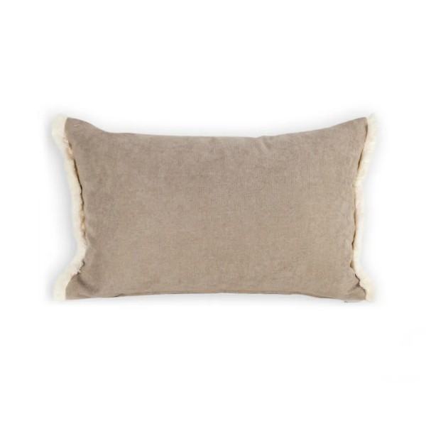 Cojín rectangular cama sofá gris topo  relleno pluma fleco blanco 60x40