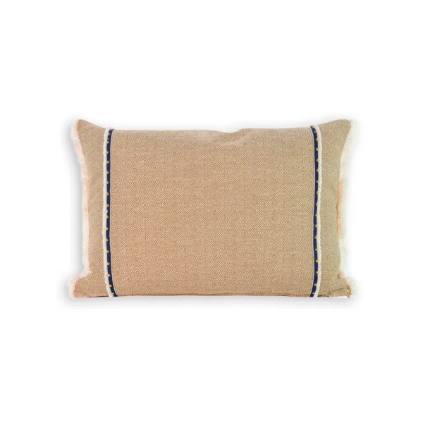 Cojín rectangular cama sofá geométrico camel relleno pluma fleco blanco 60x40