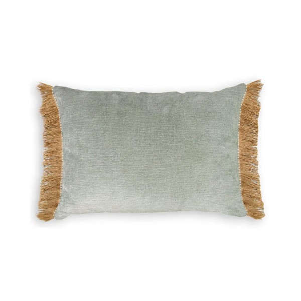 Cojín rectangular cama sofá liso verde agua  relleno pluma fleco rafia 60x40