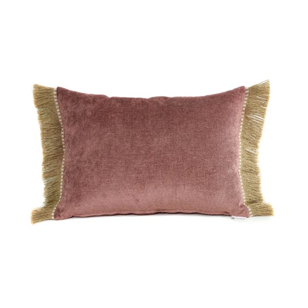 Cojín rectangular cama sofá liso rosa amoratado relleno pluma fleco rafia 60x40