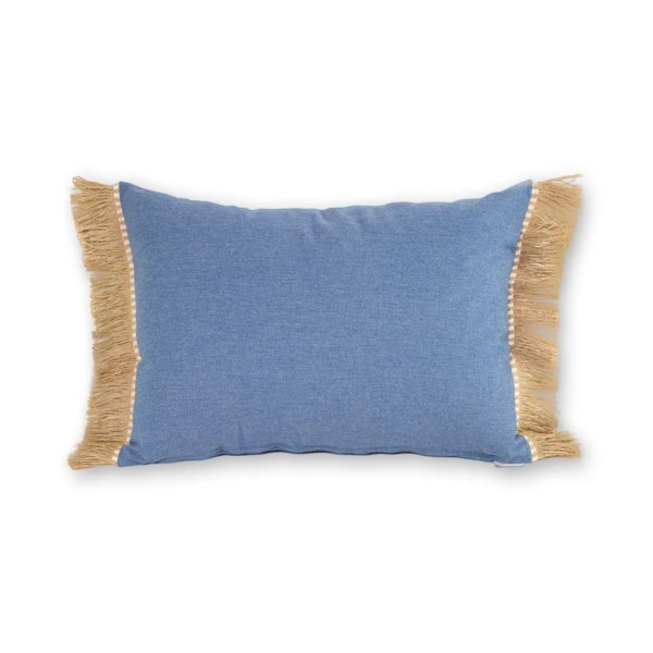 Cojín rectangular cama sofá liso azul tejano relleno pluma fleco rafia 60x40