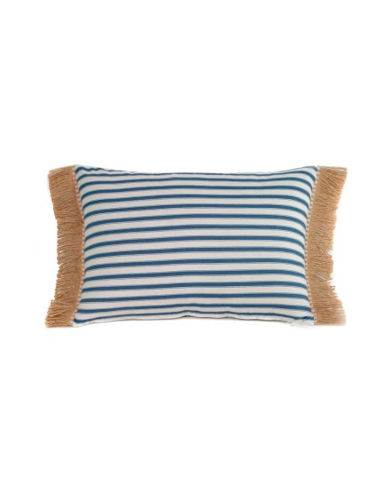 Cojín rectangular cama sofá rayas azul blanco relleno pluma fleco rafia 60x40