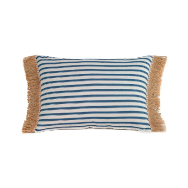 Cojín rectangular cama sofá rayas azul blanco relleno pluma fleco rafia 60x40