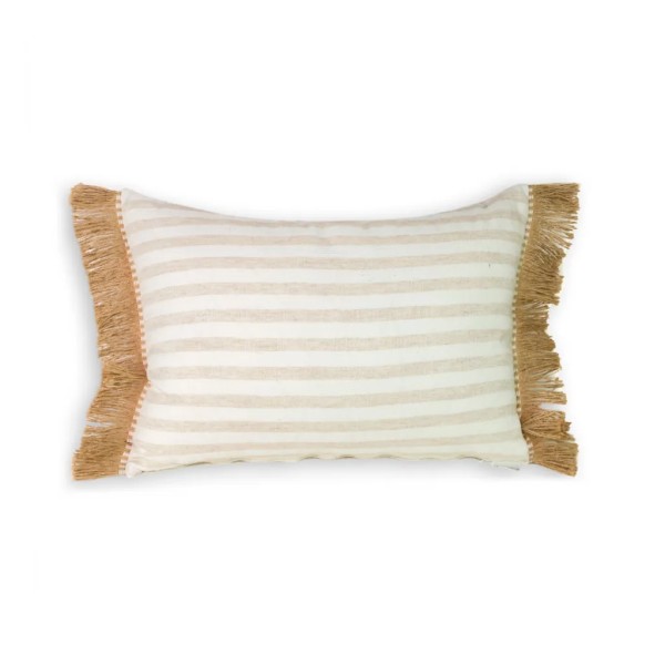 Cojín rectangular cama sofá rayas camel blanco relleno pluma fleco rafia 60x40