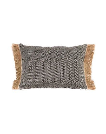 Cojín rectangular cama sofá geométrico gris negro relleno pluma fleco rafia 60x40
