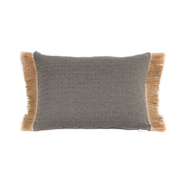 Cojín rectangular cama sofá geométrico gris negro relleno pluma fleco rafia 60x40