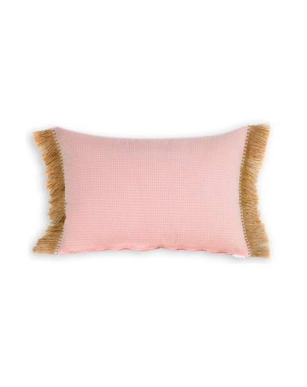 Cojín rectangular cama sofá vichy rosa blanco relleno pluma fleco rafia 60x40