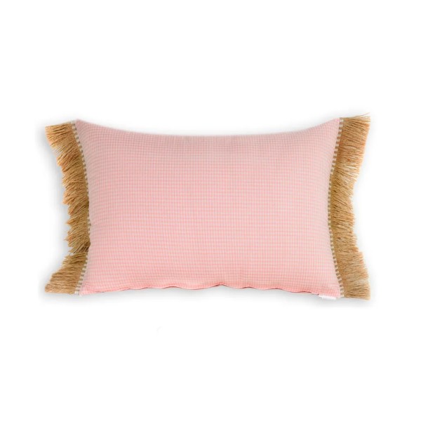 Cojín rectangular cama sofá vichy rosa blanco relleno pluma fleco rafia 60x40