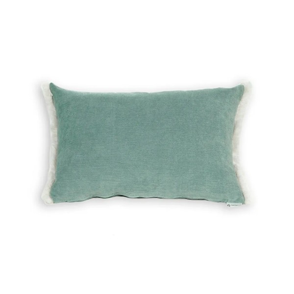 Cojín rectangular cama sofá liso verde claro relleno pluma fleco blanco 60x40 Cojín rectangular cama sofá liso verde claro relleno pluma fleco blanco 60x40