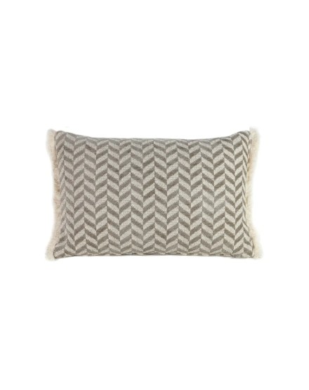 Cojín rectangular cama sofá espiga gris beige relleno pluma fleco blanco 60x40