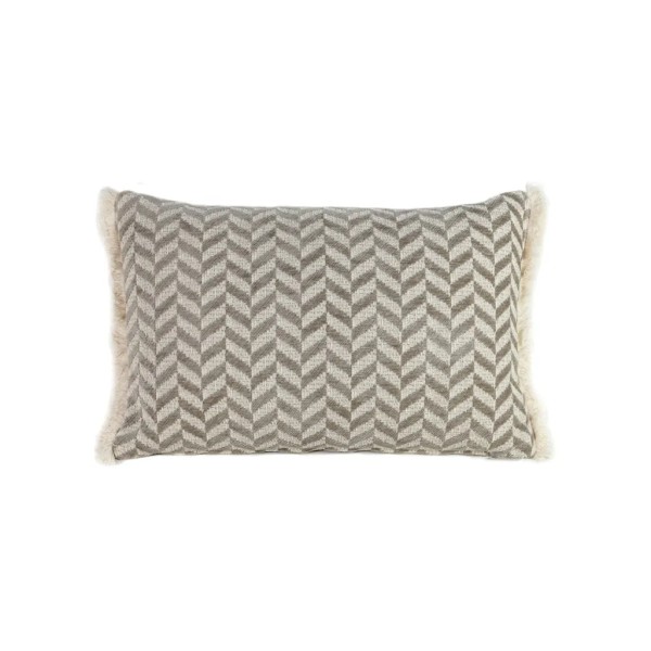 Cojín rectangular cama sofá espiga gris beige relleno pluma fleco blanco 60x40
