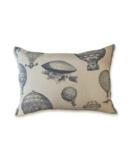 Cojín rectangular cama sofá estampado globos azul y gris relleno pluma, fleco gris 70x50