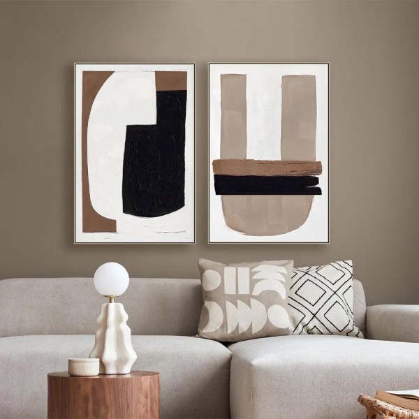 Cuadro óleo geométrico tonos tierra 90x60 marco roble | Tapidecor