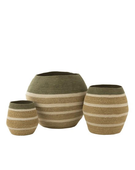 Set 3 cestas rayas verde/blanco 68x57cm natural | Tapidecor
