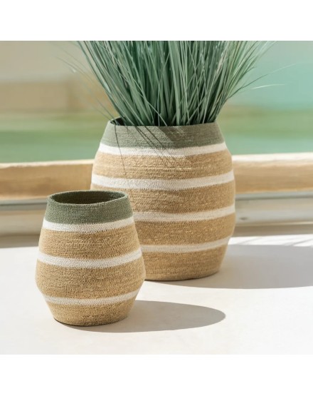 Set 3 cestas rayas verde/blanco 68x57cm natural | Tapidecor 2