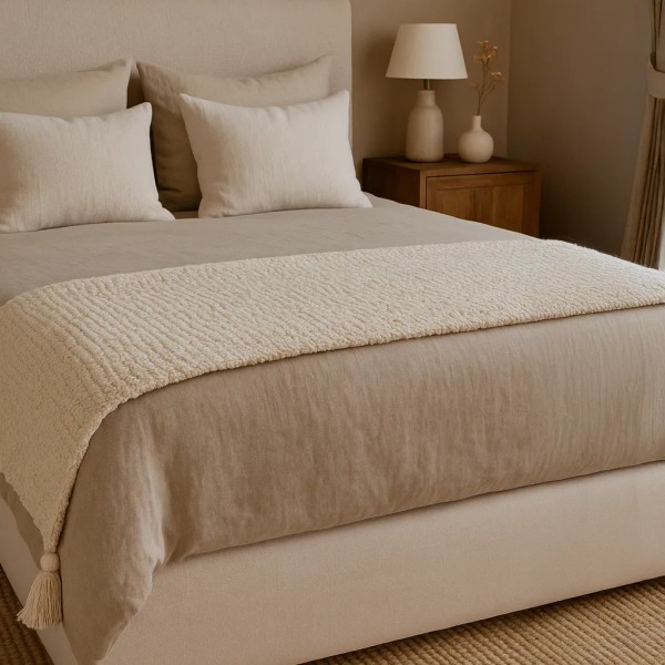 Plaid algodón crema con borlas 180x130cm acogedor | Tapidecor