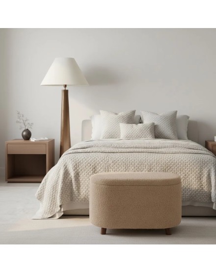 Banqueta contenedor bouclé beige con patas nogal 80x40x48 cm | Tapidecor 2