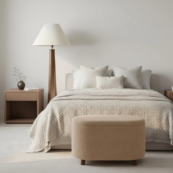 Banqueta contenedor tejido bouclé biege pata madera nogal 80X40X48