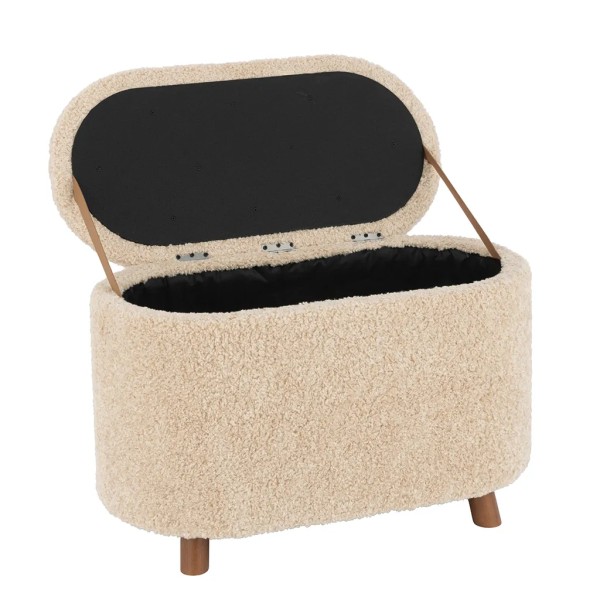 Banqueta contenedor tejido bouclé biege pata madera nogal 80X40X48