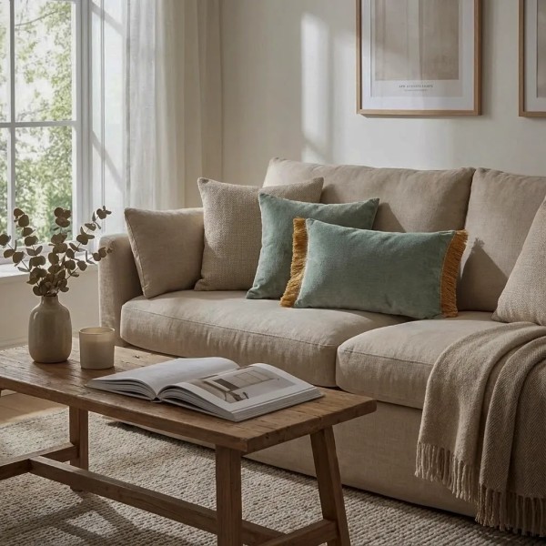 Cojín rectangular cama sofá liso verde agua  relleno pluma fleco rafia 60x40