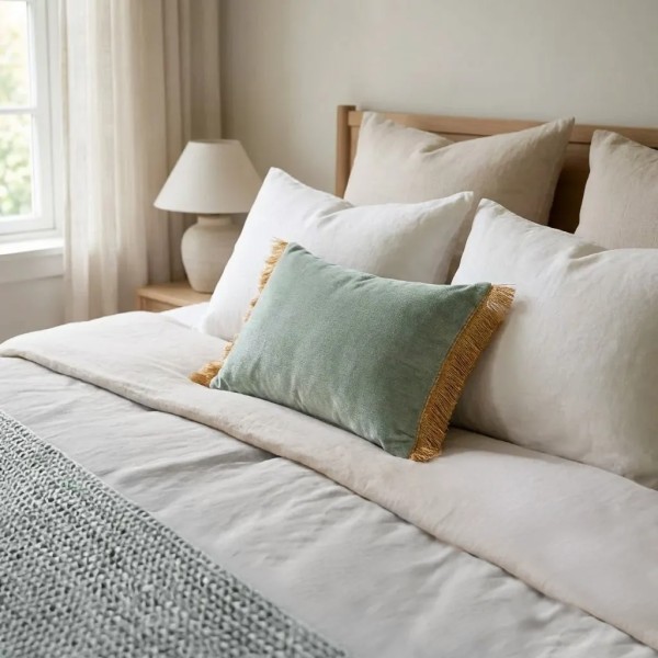 Cojín rectangular cama sofá liso verde agua  relleno pluma fleco rafia 60x40