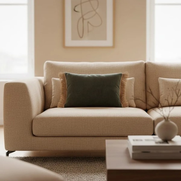 Cojín rectangular cama sofá liso verde oscuro relleno pluma fleco rafia 60x40