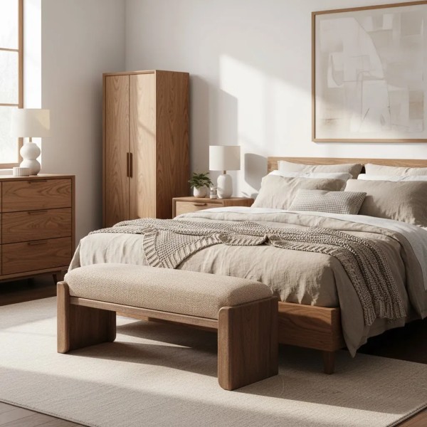 Banqueta de yute y madera natural para dormitorio | Tapidecor