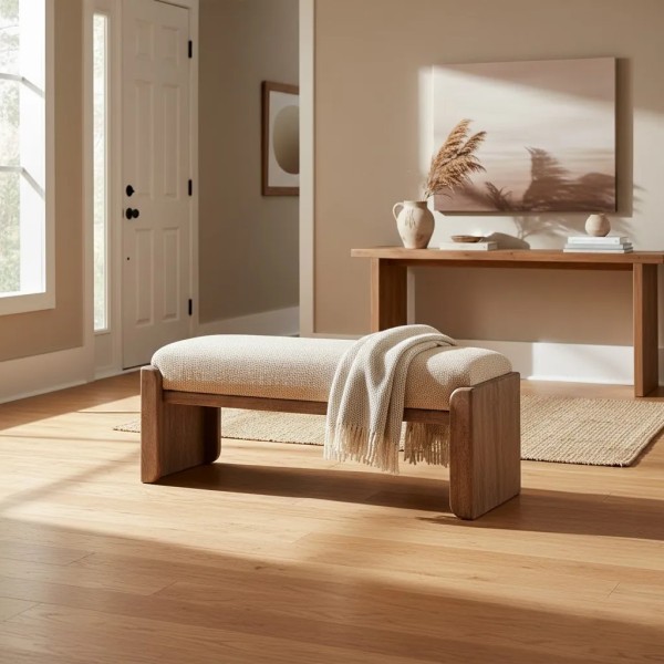 Banqueta de yute y madera natural para dormitorio | Tapidecor