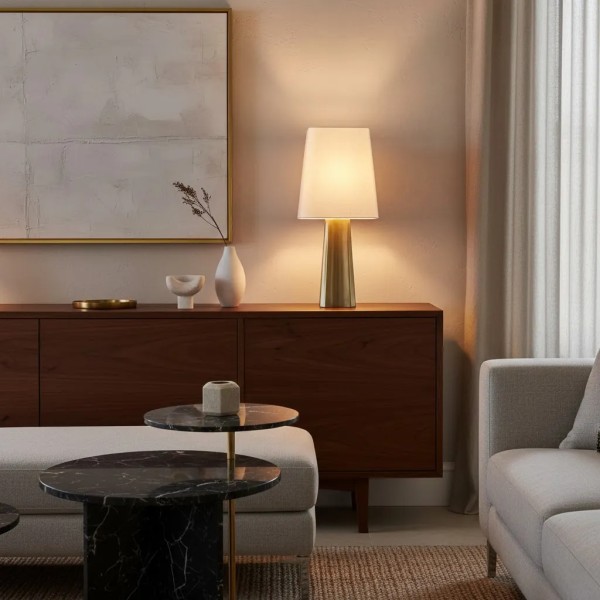 Lámpara de mesa metal oro y algodón | Tapidecor