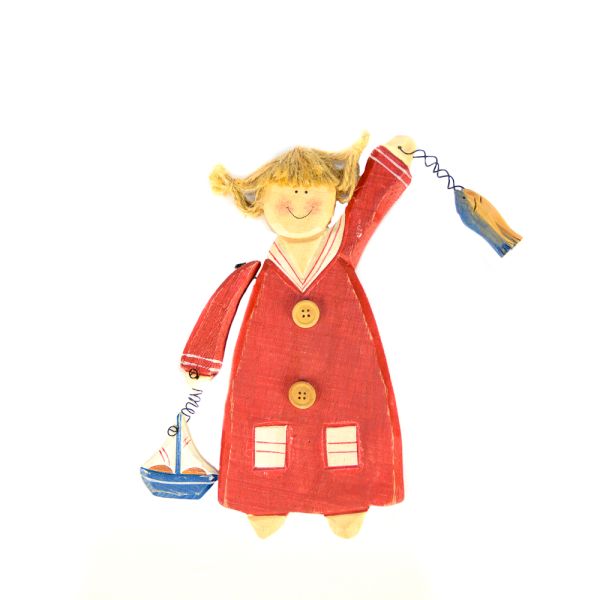 MUÑECO NIÑA MADERA ROJA PARA COLGAR EN PARED 16X22
