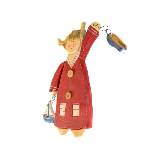 MUÑECO NIÑA MADERA ROJA PARA COLGAR EN PARED 16X22